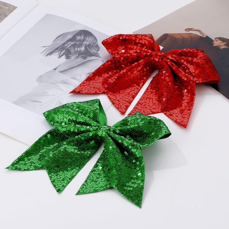 Zolyco Large Big 7 Inch Glitter Bow Clip Sequin Bling Party Hair Accessories for Women Teens Girls Kids 2 Pcs (Red, Christmas Green) - Image 4